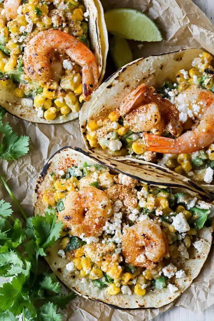 Grilled Shrimp Tacos with Mexican Corn – Amazing Summer Bite 12 Grilled Shrimp Tacos with Mexican Street Corn in toasted tortillas