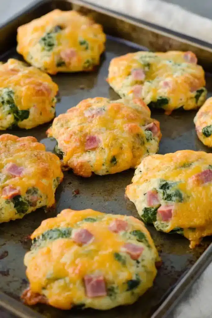 Breakfast Protein Biscuits | Easy, Hearty & Delicious 8 Tray of freshly baked breakfast protein biscuits with melted cheddar, ham, and spinach