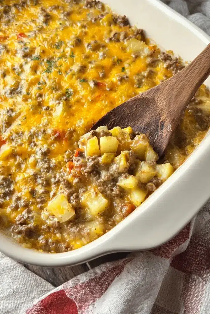 Cheesy Ground Beef and Potato Casserole – Easy & Delicious 7 Cheesy ground beef and potato casserole in baking dish with wooden spoon