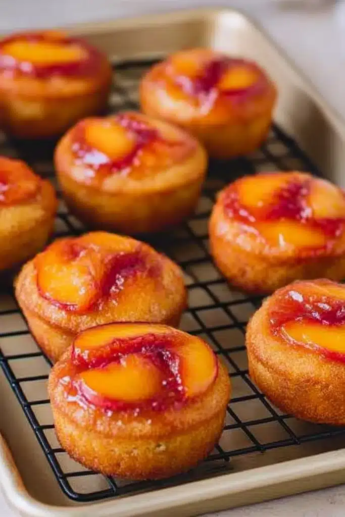 Peach Upside Down Mini Cakes – Fresh & Delicious 12 Freshly baked Peach Upside Down Mini Cakes cooling on a rack