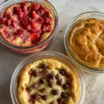 Baked Protein Pancake Bowls – Easy & High-Protein Treat 6 Three baked protein pancake bowls in glass ramekins, topped with chocolate chips, strawberries, and plain golden tops on a neutral surface.