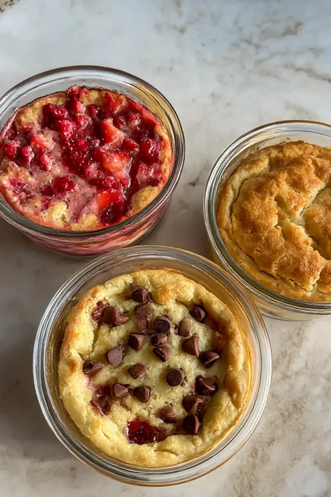 Three baked protein pancake bowls in glass ramekins, topped with chocolate chips, strawberries, and plain golden tops on a neutral surface.