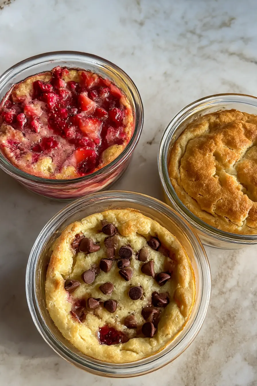 Three baked protein pancake bowls in glass ramekins, topped with chocolate chips, strawberries, and plain golden tops on a neutral surface.