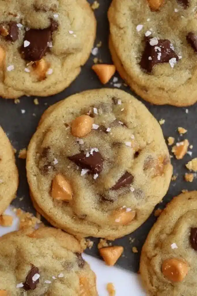 Salted Butterscotch Cookies – Easy, Soft, and Delicious 9 Top view of salted butterscotch chocolate chip cookies with flaky salt