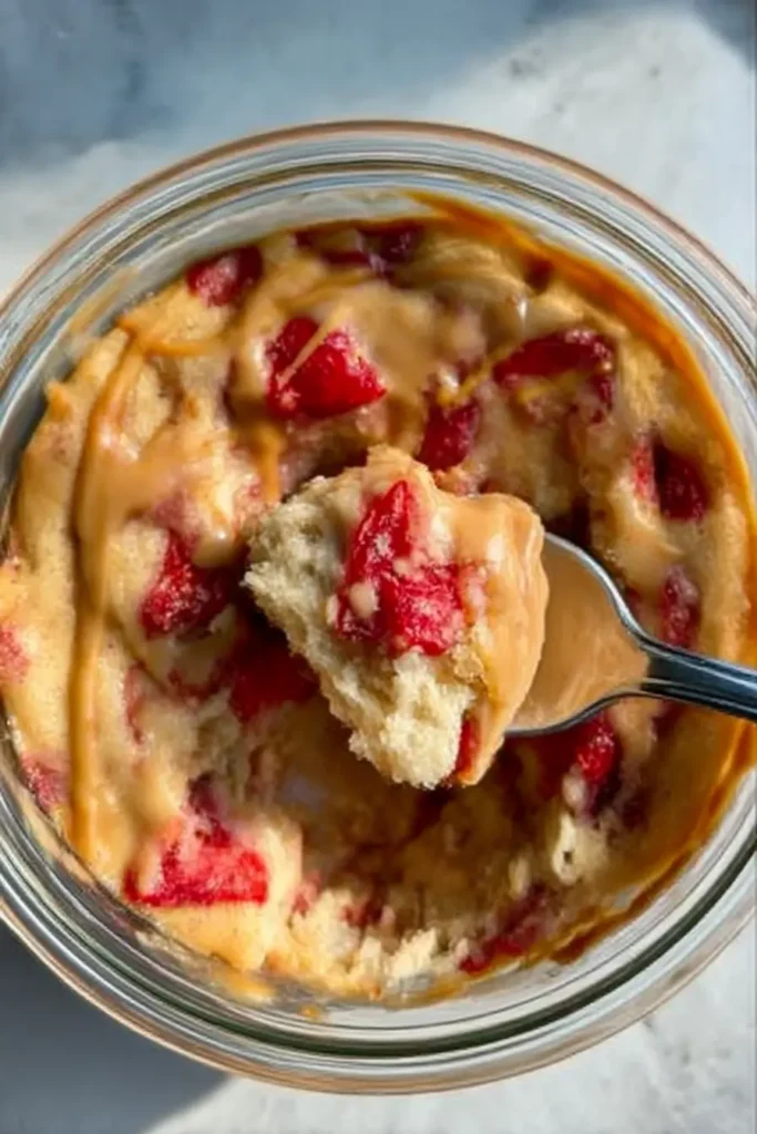 Baked Protein Pancake Bowls – Easy & High-Protein Treat 7 Top-down close-up of a strawberry protein pancake bowl with nut butter and a spoon resting inside holding a fluffy bite.
