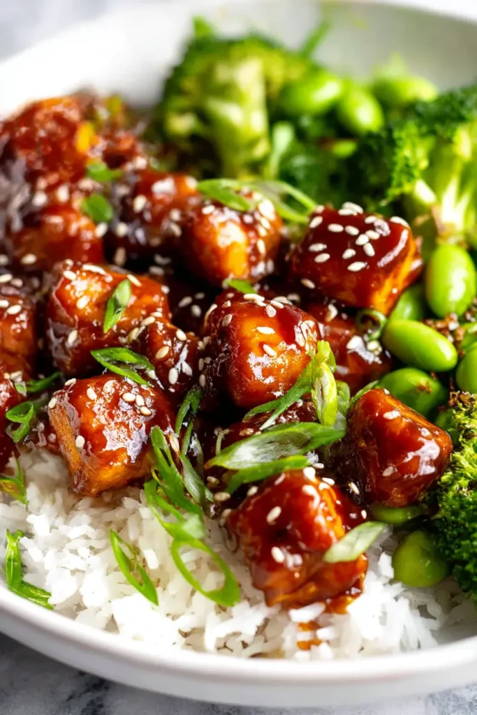 Baked Teriyaki Salmon Recipe served with rice, broccoli, and edamame in white bowl
