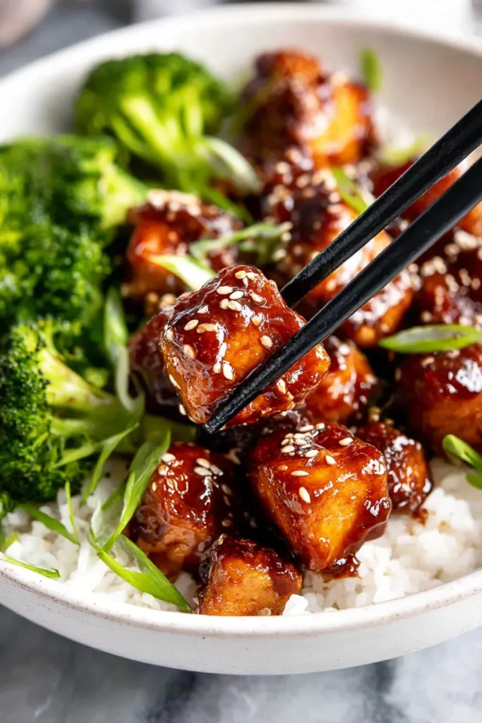 Baked Teriyaki Salmon Recipe piece lifted with chopsticks over rice and broccoli