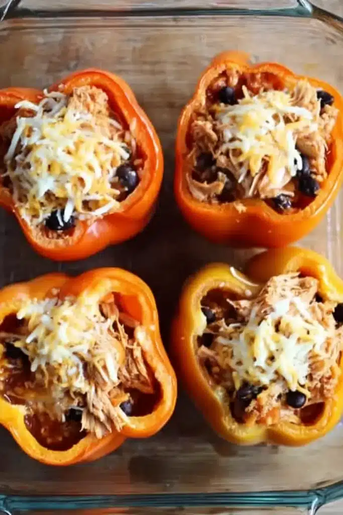 shredded chicken rice stuffed peppers halloween style in baking dish