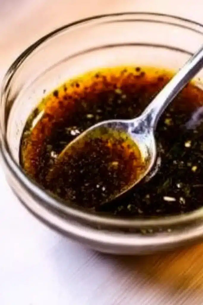 Balsamic dressing with olive oil and garlic in a glass bowl with spoon
