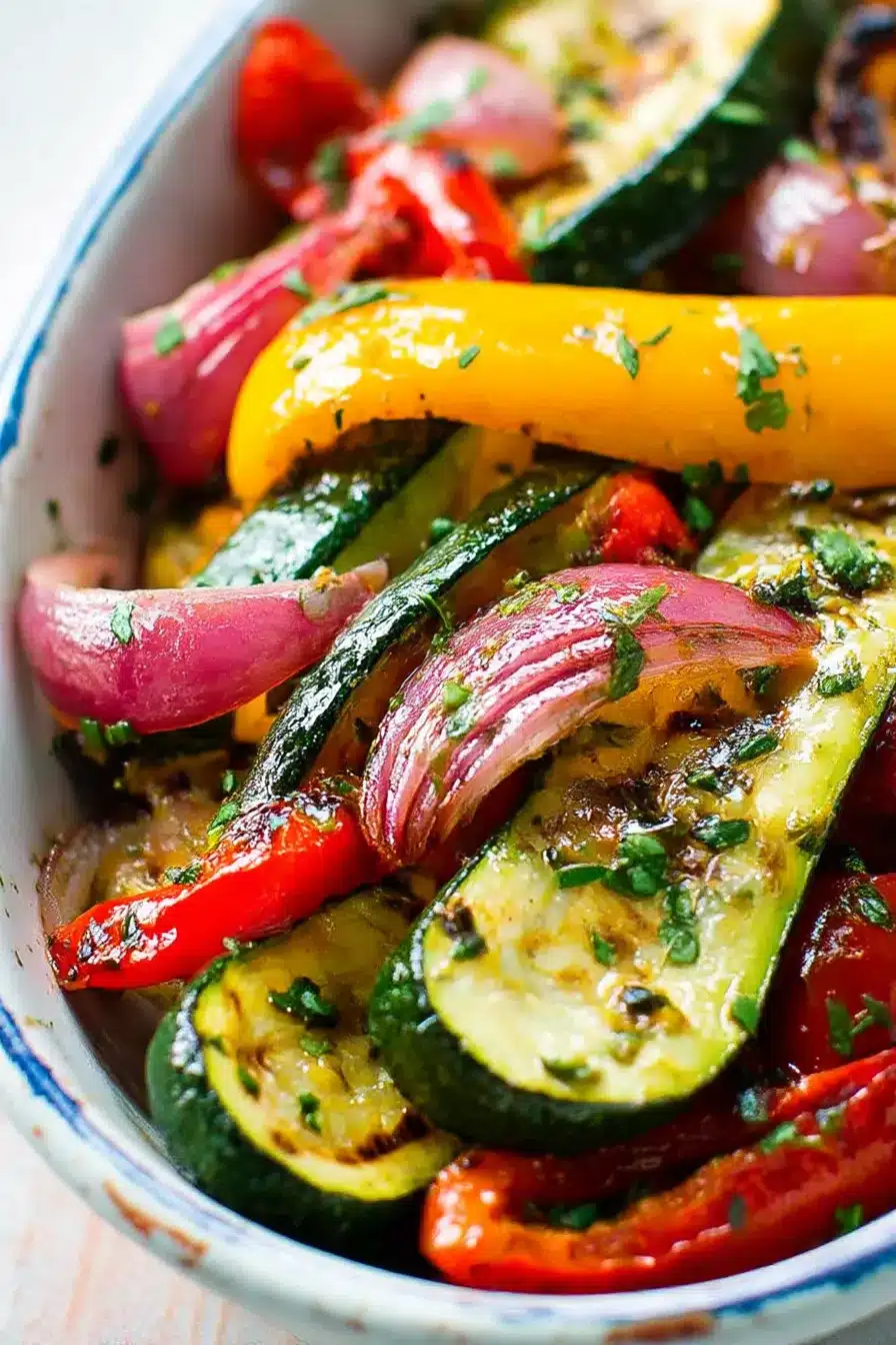 Balsamic grilled vegetables with zucchini, peppers, and onions in a white bowl