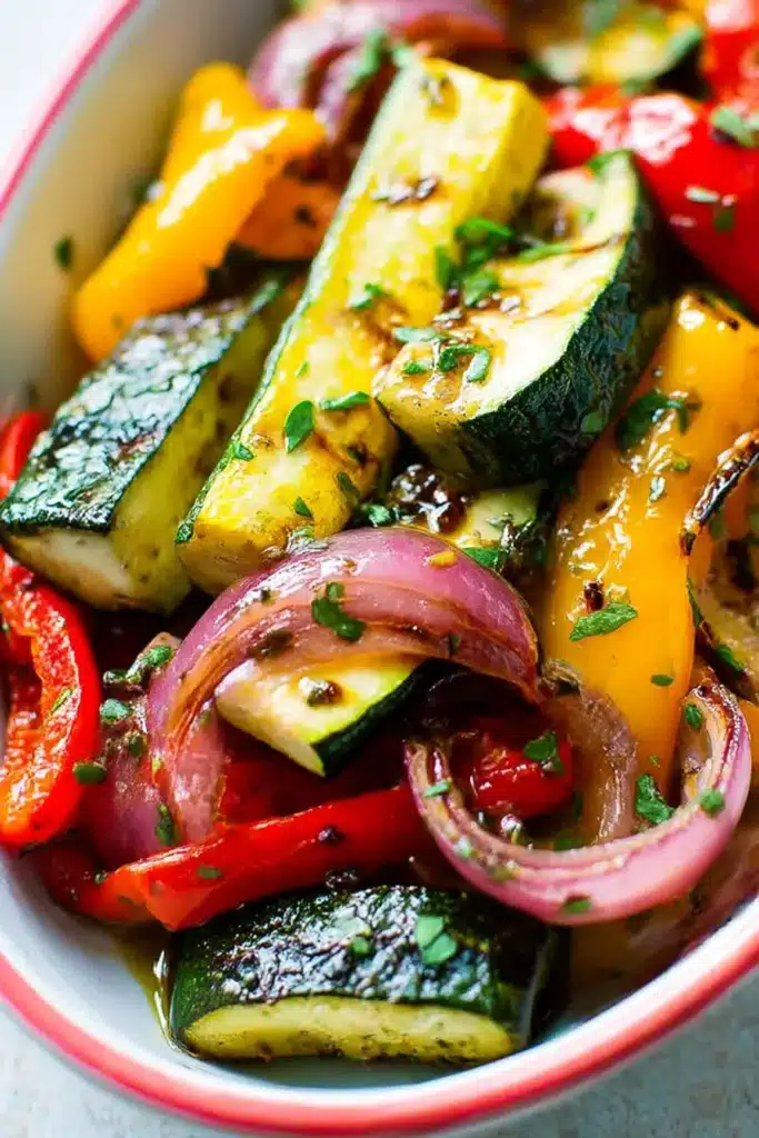 Balsamic Grilled Vegetables – Easy & Flavorful Summer Side 8 Close-up of balsamic grilled zucchini, peppers, and onions in white dish