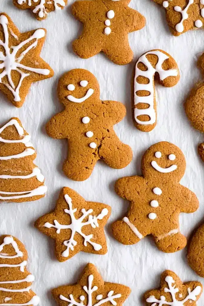 Soft Gingerbread Cookies decorated with white icing in festive shapes on a white wooden table.