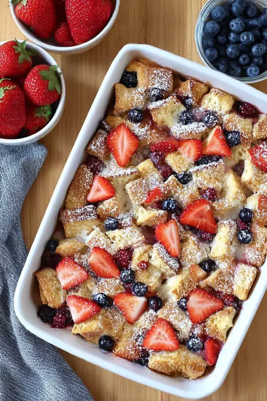 Overhead view of Berry French Toast Casserole with strawberries and blueberries in a white dish, dusted with powdered sugar