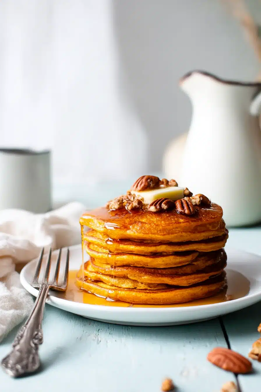 Oatmeal pumpkin pancakes stacked with butter and syrup, perfect cozy fall breakfast