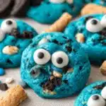 Cookie Monster Cookies Recipe – Easy, Fun & Colorful Treat 5 Bright blue Cookie Monster cookies with candy eyes, Oreos, and chocolate chips on a light background.