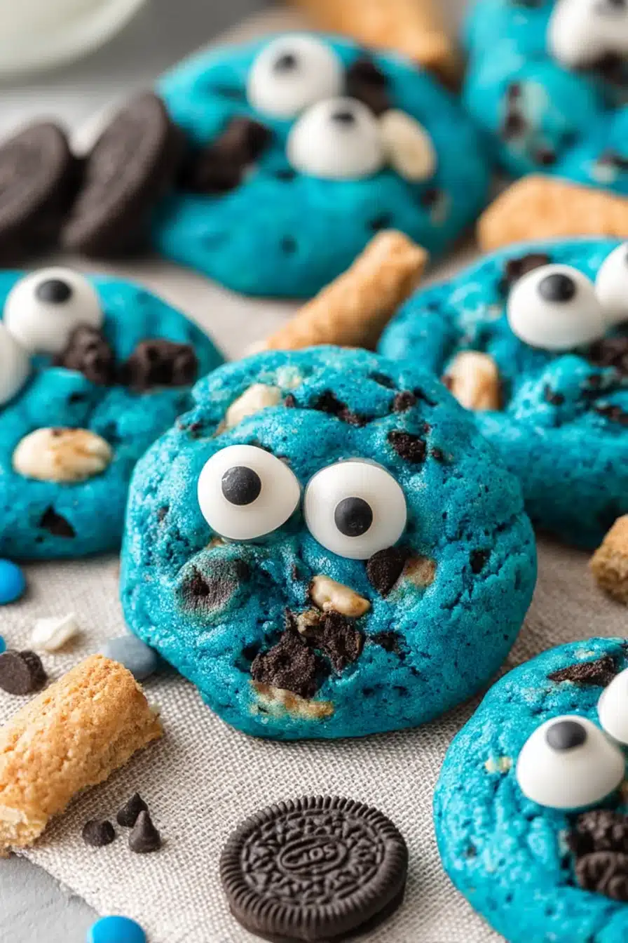 Bright blue Cookie Monster cookies with candy eyes, Oreos, and chocolate chips on a light background.