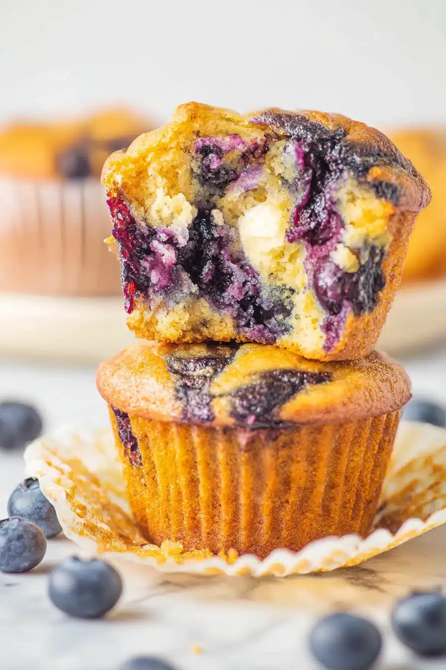 Close-up of blueberry cottage cheese muffins stacked with one halved, showing moist interior and juicy berries.