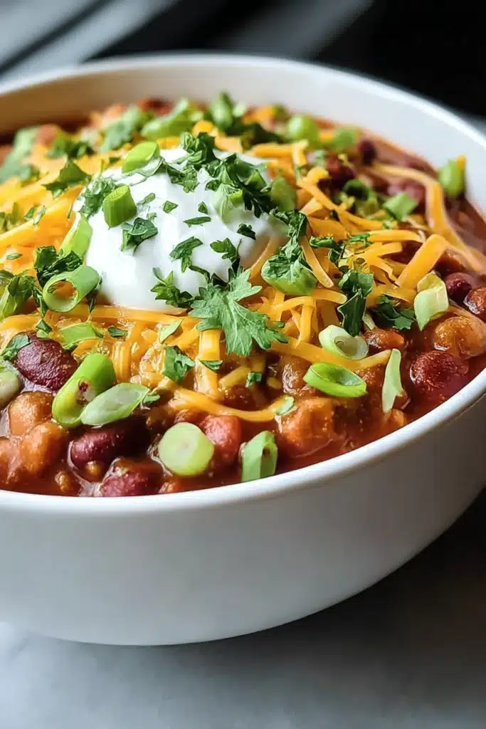Simple Crockpot Vegetarian Chili | Hearty, Healthy, Cozy 8 Simple crockpot vegetarian chili in a bowl with cheese, sour cream, and green onions