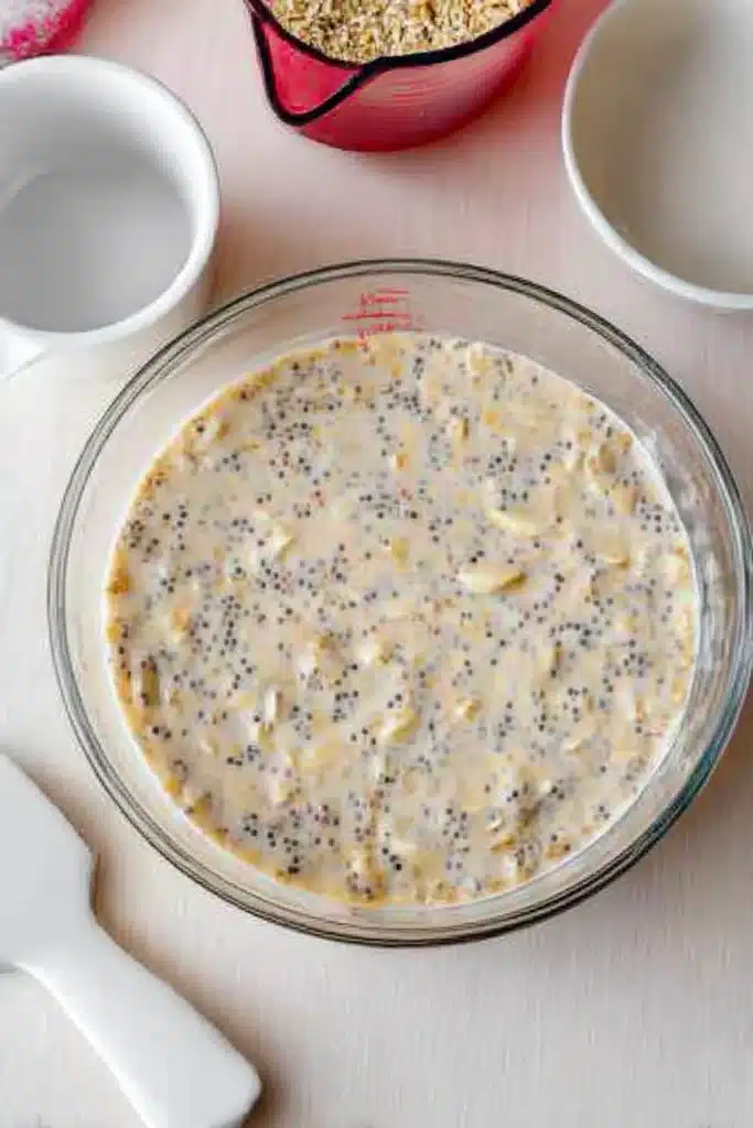 Brown Sugar Overnight Oats – Easy & Delicious Breakfast 11 Brown sugar overnight oats mixture in a glass bowl with chia seeds and banana