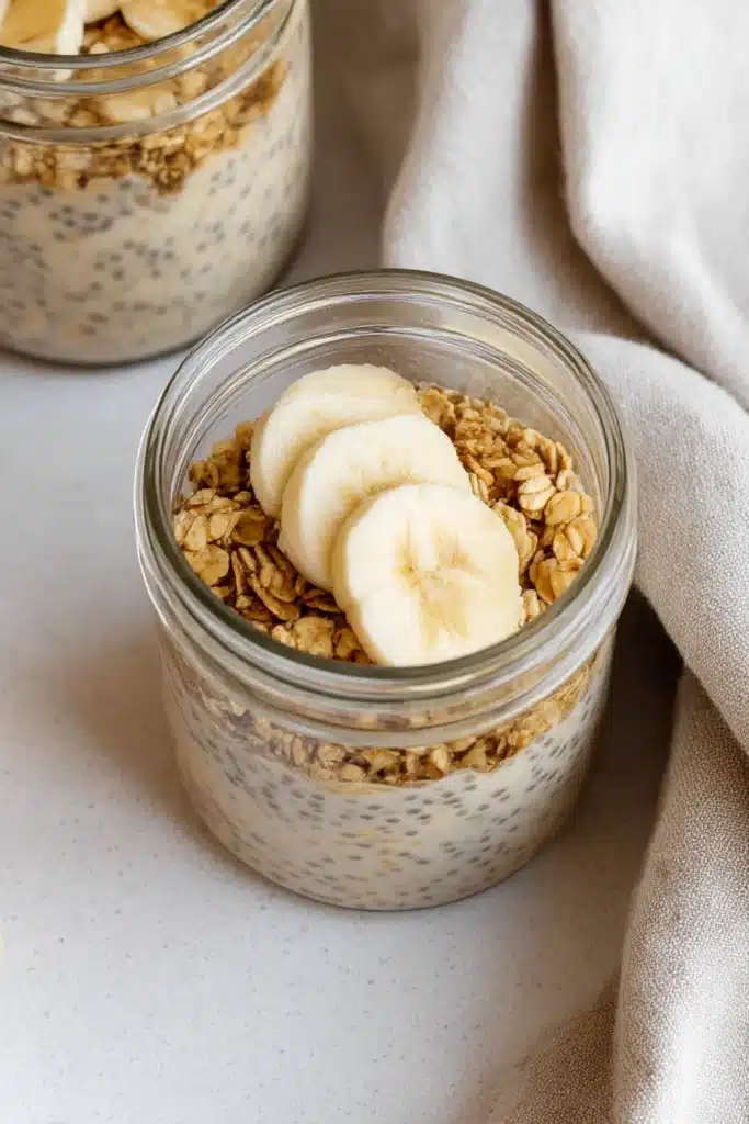 Brown Sugar Overnight Oats – Easy & Delicious Breakfast 14 Brown sugar overnight oats in a jar with banana slices and granola topping