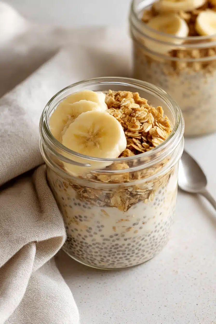Brown sugar overnight oats in a jar topped with banana slices and granola