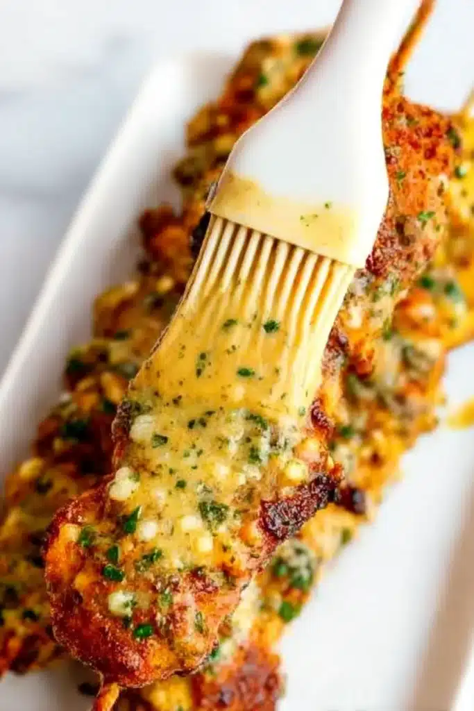 Ranch Garlic Parmesan Chicken Skewers | Bold & Delicious 11 Brushing Ranch Garlic Parmesan Chicken Skewers with garlic butter sauce