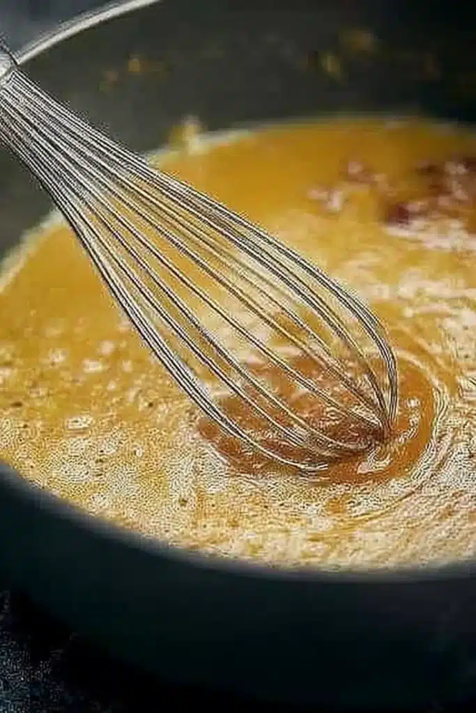 Halloween Crack | Sweet, Crunchy, and Fun to Make 9 Boiling toffee mixture for Halloween Crack in a saucepan with whisk