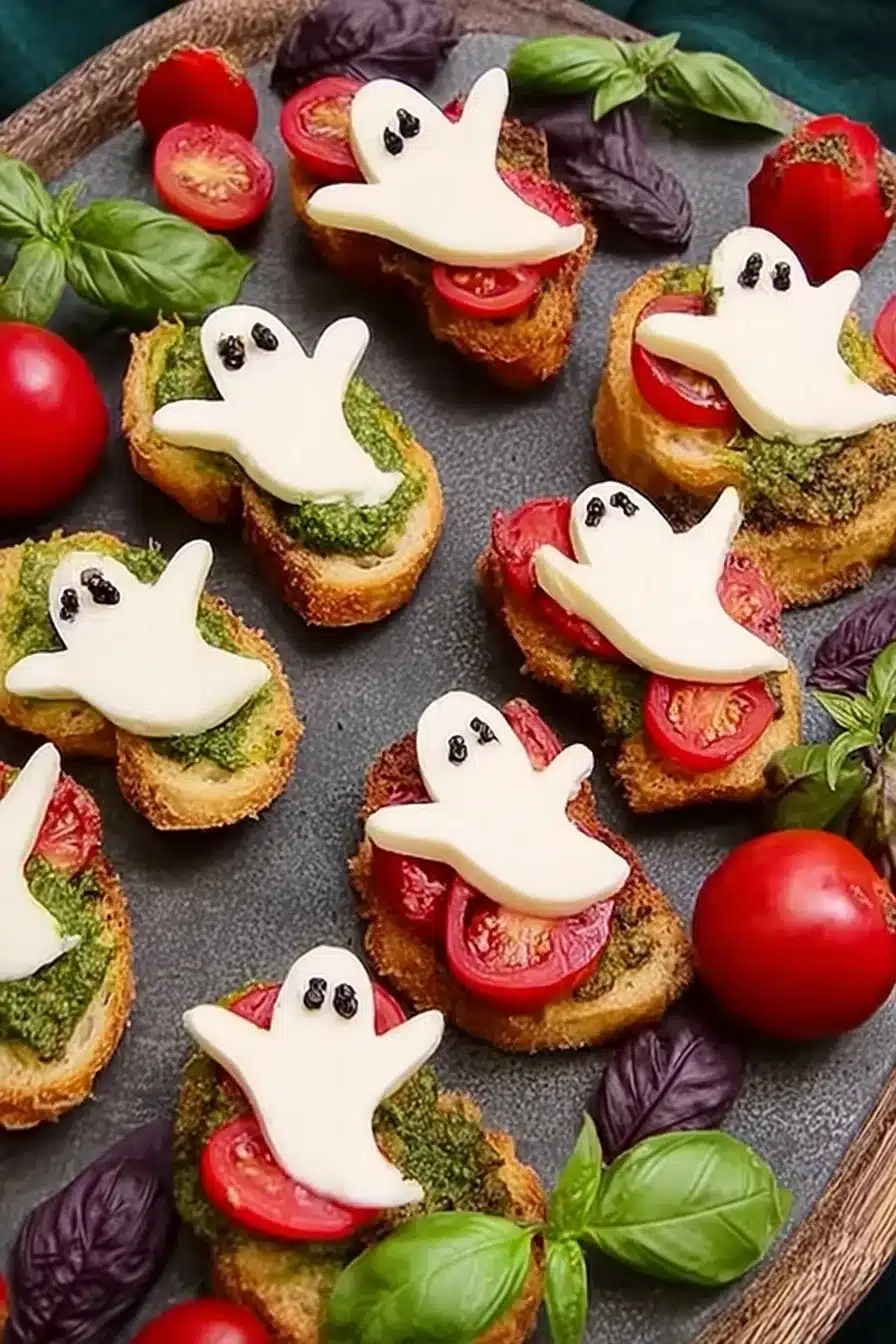 Caprese Crostini Ghosts with mozzarella ghosts, pesto, and tomatoes on a Halloween appetizer platter