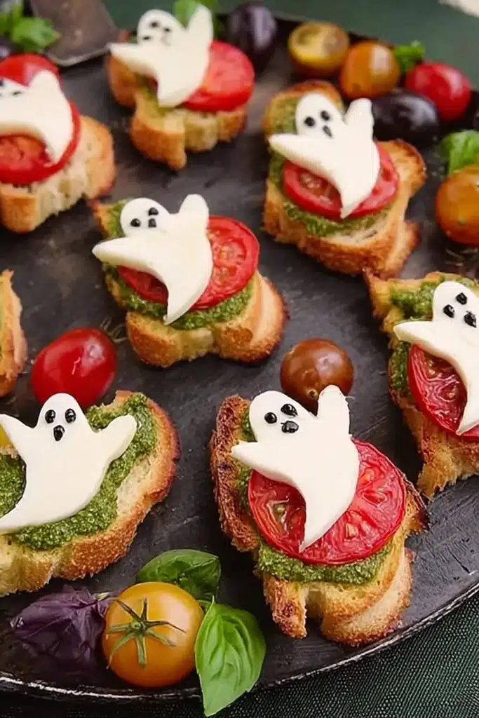 Halloween Caprese Crostini Ghosts with pesto, tomato, and mozzarella on a black tray