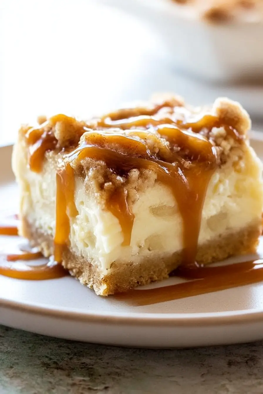 Caramel Apple Cheesecake Bars with streusel topping and caramel drizzle