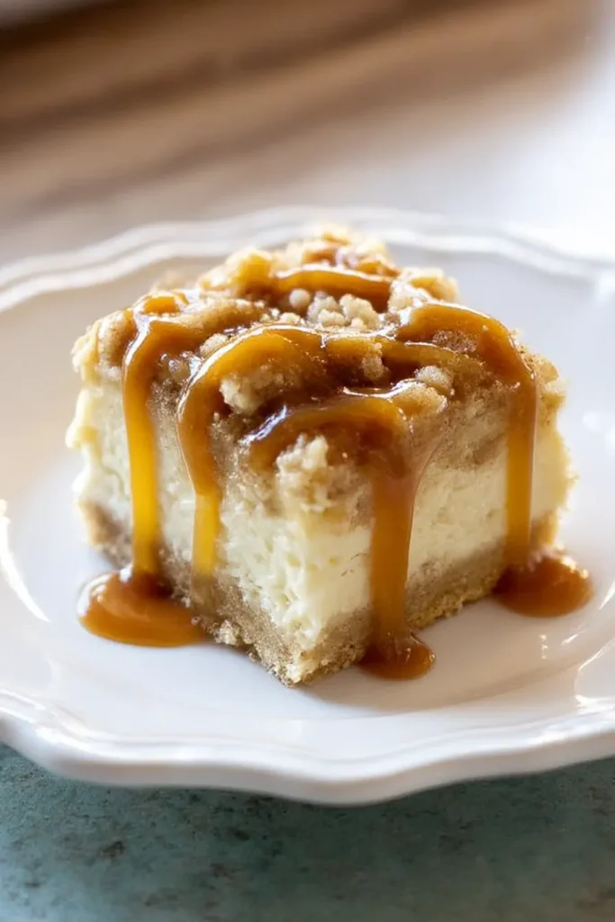 Caramel Apple Cheesecake Bars with golden streusel and caramel topping

