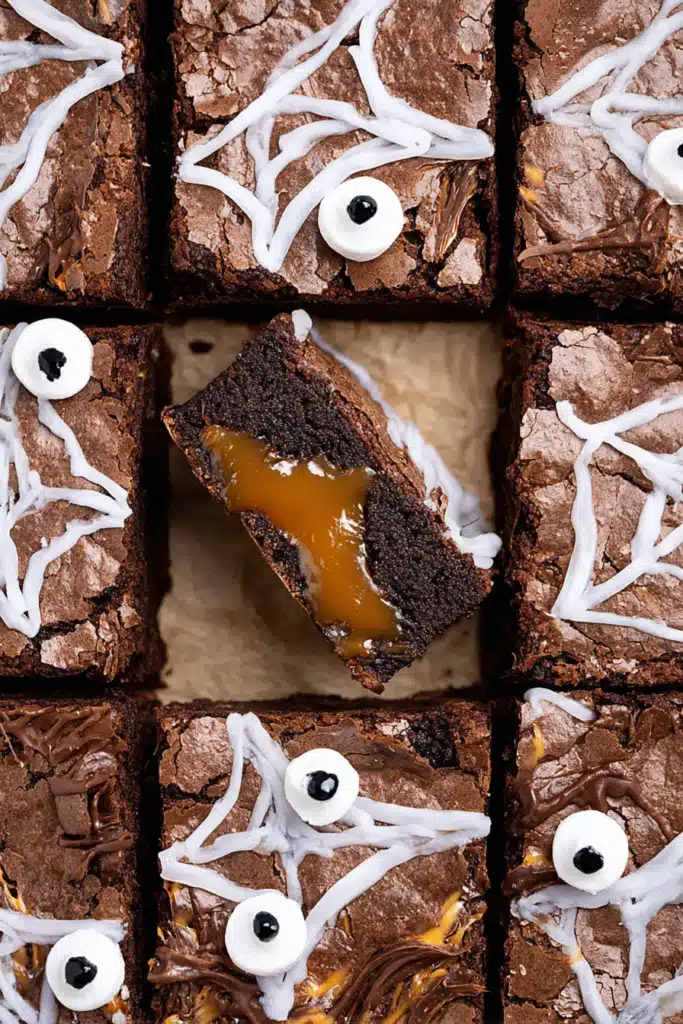 Halloween Spiderweb Brownies – A Spooky and Delicious Treat 6 Close-up of Halloween Spiderweb Brownie with gooey caramel center