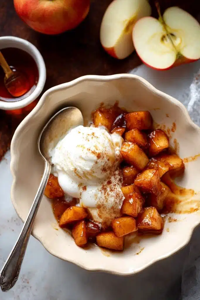 Air Fryer Apples – Quick & Amazing Cinnamon Maple Recipe 12 Caramelized cinnamon maple air fryer apples with vanilla ice cream in a scalloped bowl