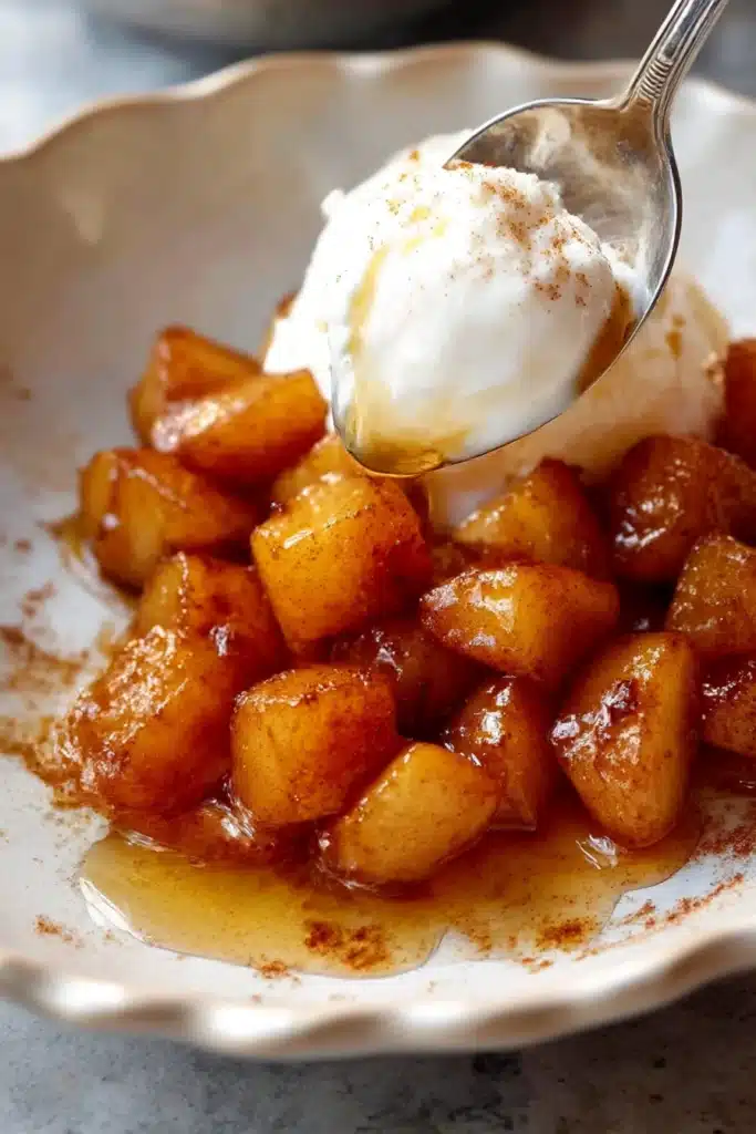Air Fryer Apples – Quick & Amazing Cinnamon Maple Recipe 10 Caramelized cinnamon maple air fryer apples with melting vanilla ice cream and silver spoon