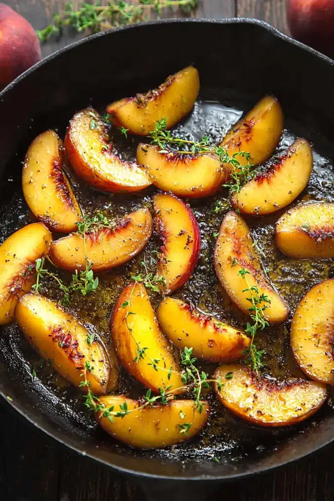 Chicken with Peaches – Quick, Flavorful, Amazing One-Pan 8 Caramelized peach slices in skillet with honey glaze and fresh thyme