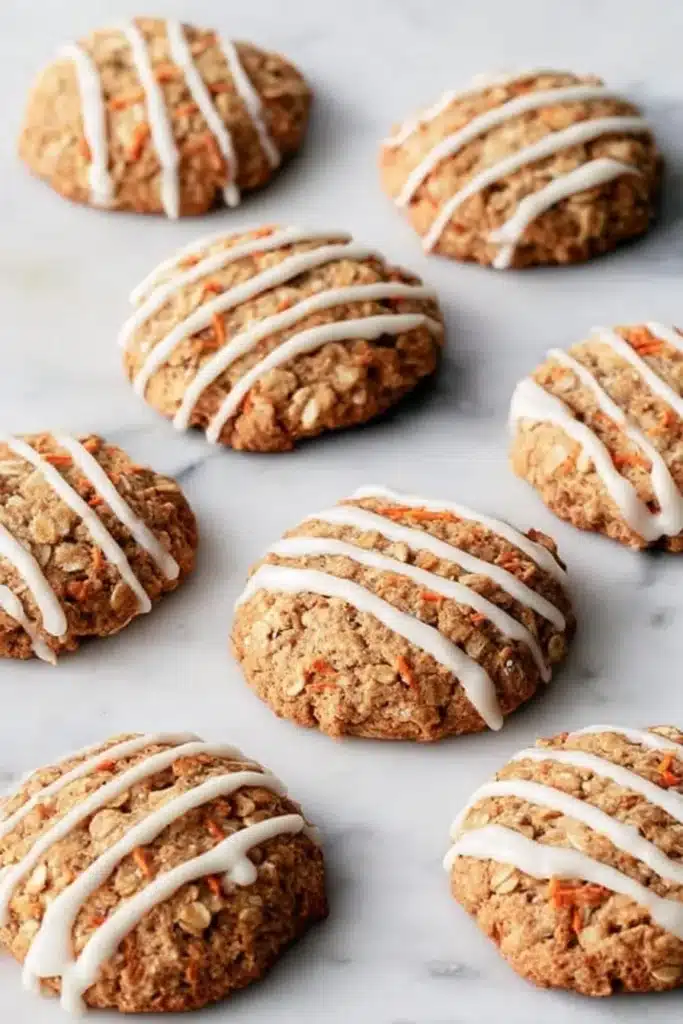Vegan carrot cake cookies with white frosting on marble table