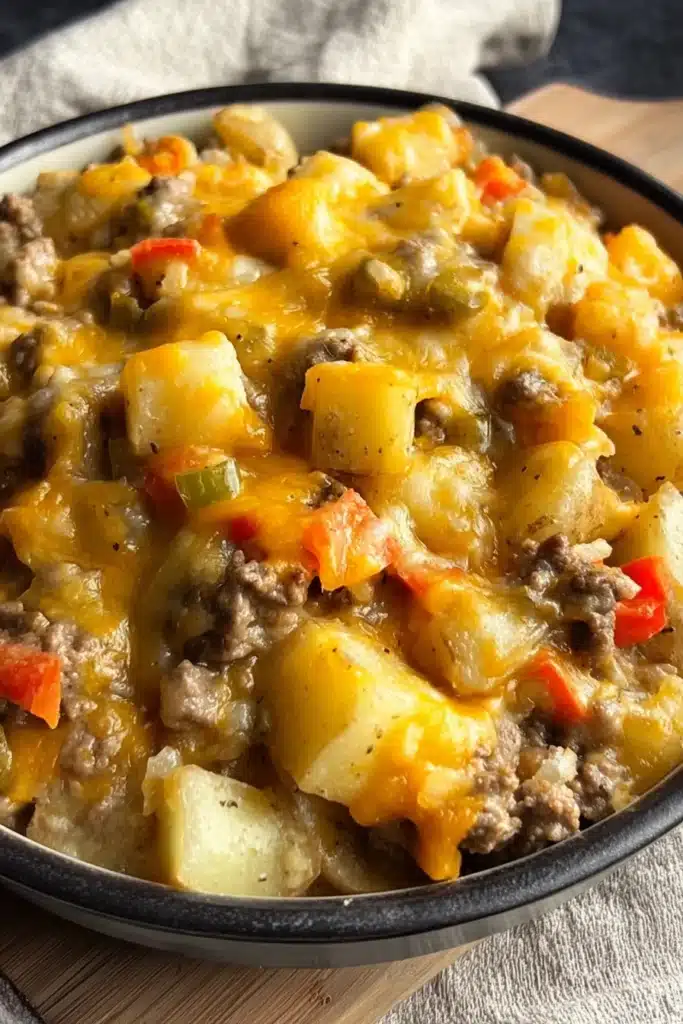 Cheesy ground beef and potato casserole topped with melted cheddar