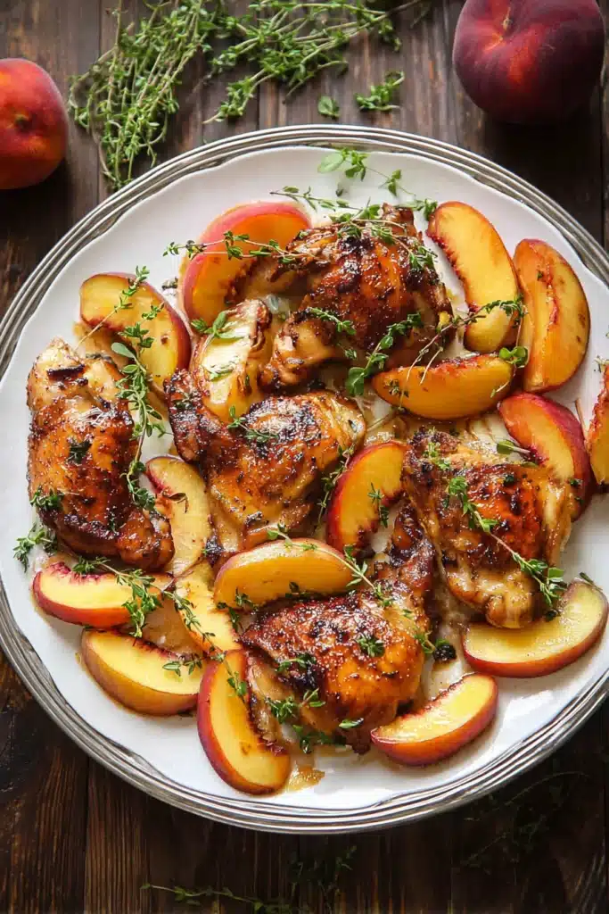 Plated chicken with peaches in honey glaze on white ceramic serving dish