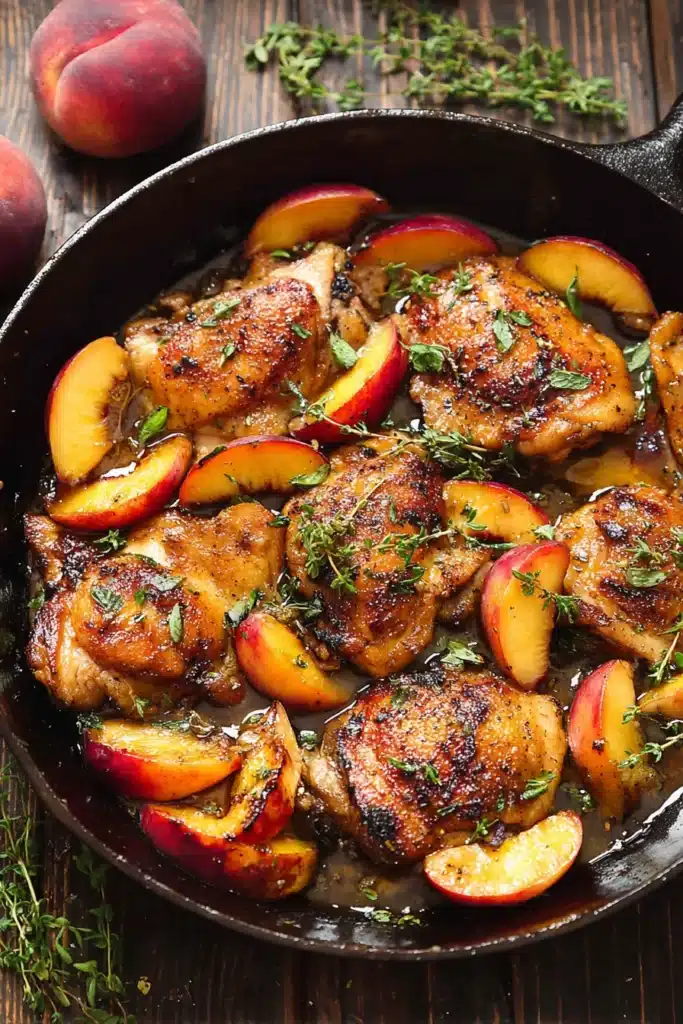 Seared chicken with peaches in honey glaze, topped with fresh thyme in a black skillet