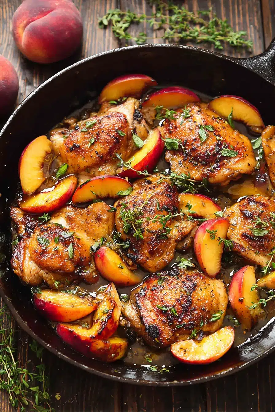 Seared chicken with peaches in honey glaze, topped with fresh thyme in a black skillet