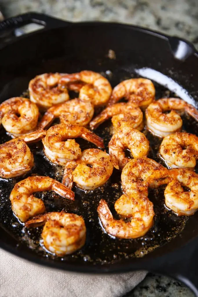 Shrimp and Creamed Corn: Easy, Amazing Dinner 13 Shrimp cooking in a skillet with chili seasoning for creamed corn recipe
