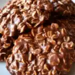 Chocolate No Bake Cookies – Quick, Easy & Delicious 8 Close-up of glossy chocolate no bake cookies with oats on a white plate
