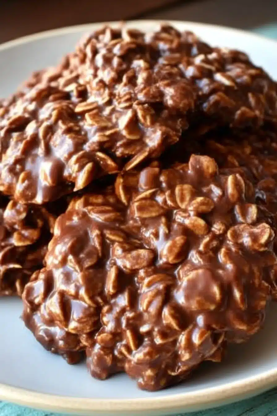 Close-up of glossy chocolate no bake cookies with oats on a white plate