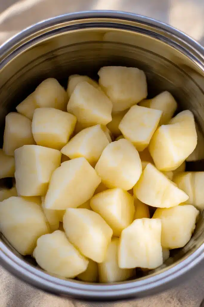 Chopped peeled apples in a stainless steel bowl for easy Italian apple cake