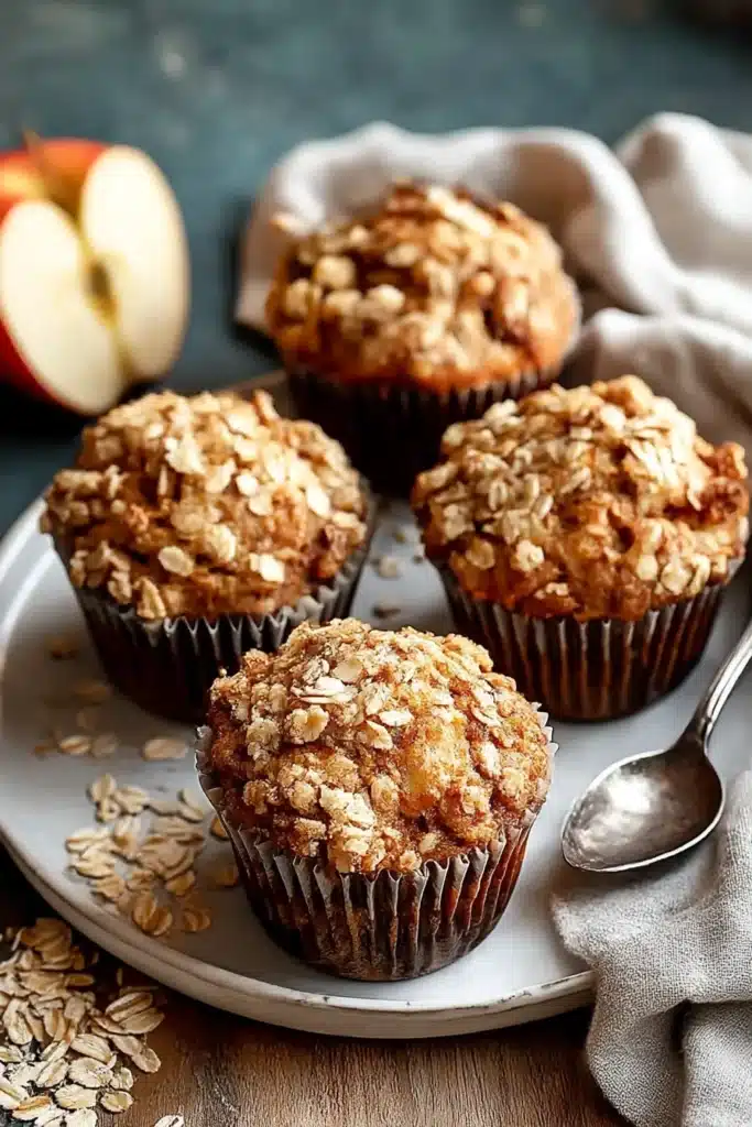 Close-up of four cinnamon apple oatmeal muffins topped with oats on a white plate with rustic breakfast styling