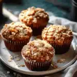 Cinnamon Apple Oatmeal Muffins – Easy & Delicious Treat 5 Golden brown cinnamon apple oatmeal muffins topped with oats and crumble on a ceramic plate with rustic breakfast styling