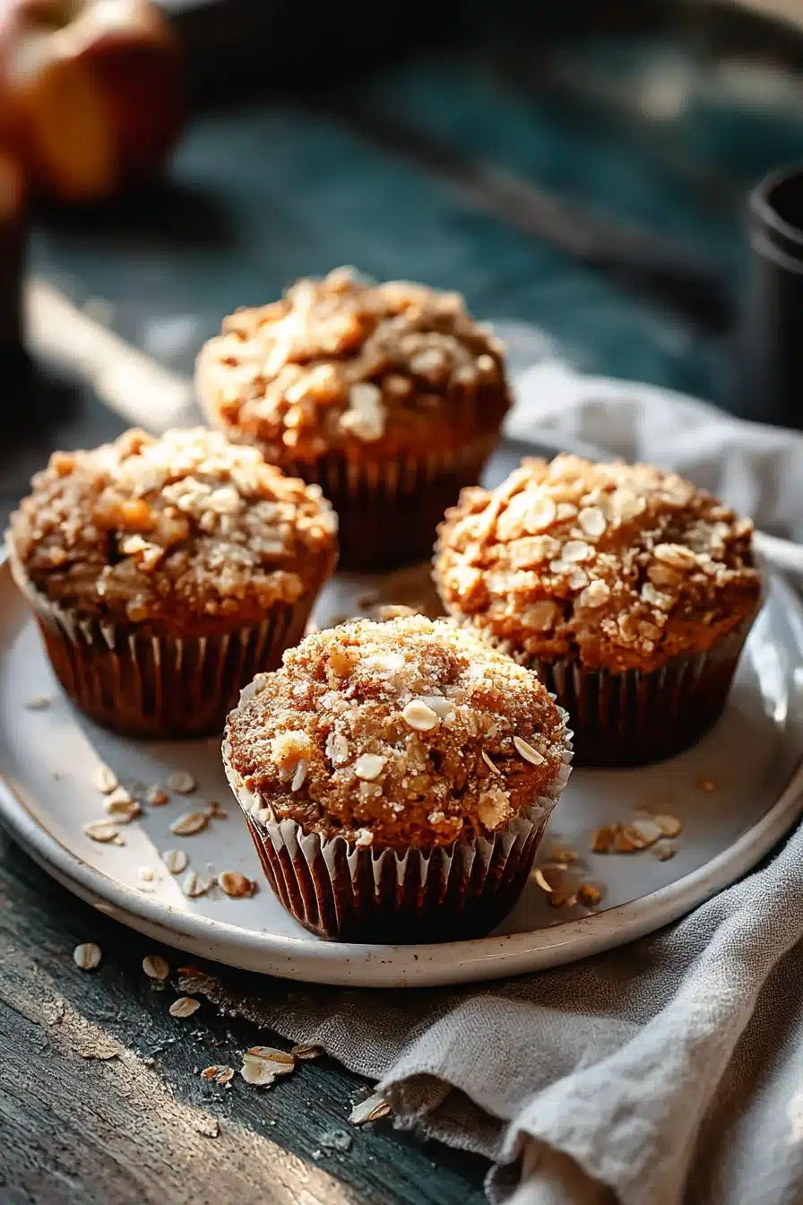 Golden brown cinnamon apple oatmeal muffins topped with oats and crumble on a ceramic plate with rustic breakfast styling