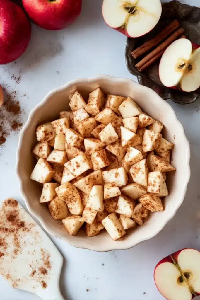 Cubed apples coated in cinnamon spice in a scalloped ceramic bowl

