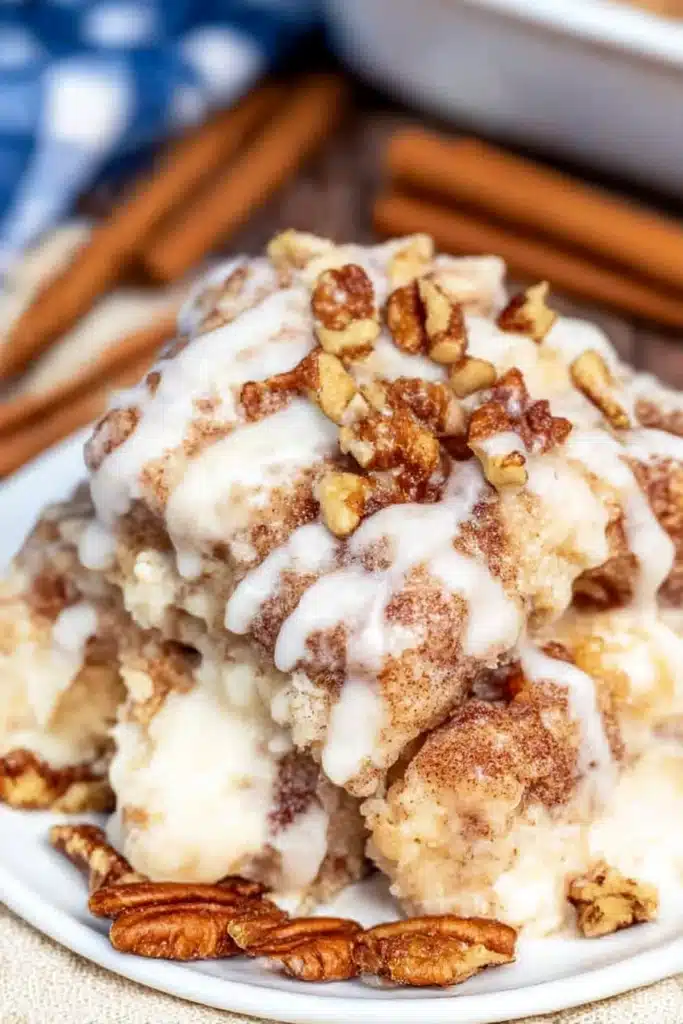 Cinnamon roll dump cake served on white plate with icing and pecans