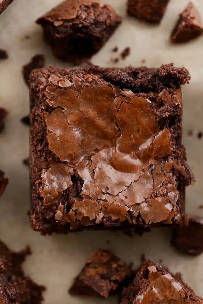 Fudgy Homemade Brownies with Amazing Texture 11 Fudgy homemade brownie with shiny crinkly top on parchment paper